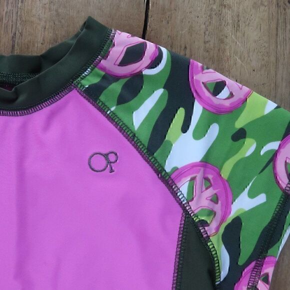 OCEAN PACIFIC OP PINK PEACE CAMO SWIM SHIRT RASHGUARD GIRLS SIZE 7/8 - Picture 3 of 5